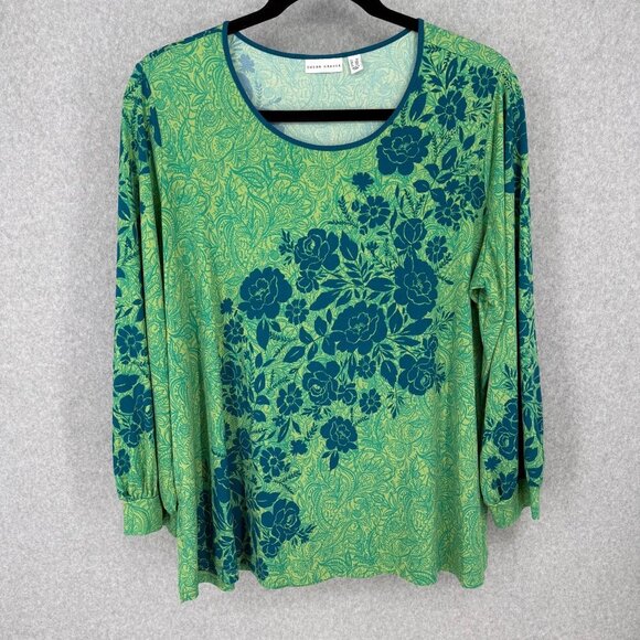 Susan Graver Womens Liquid Knit Floral Top Shirt Size 2X Green Blue Long Sleeve - Picture 1 of 11